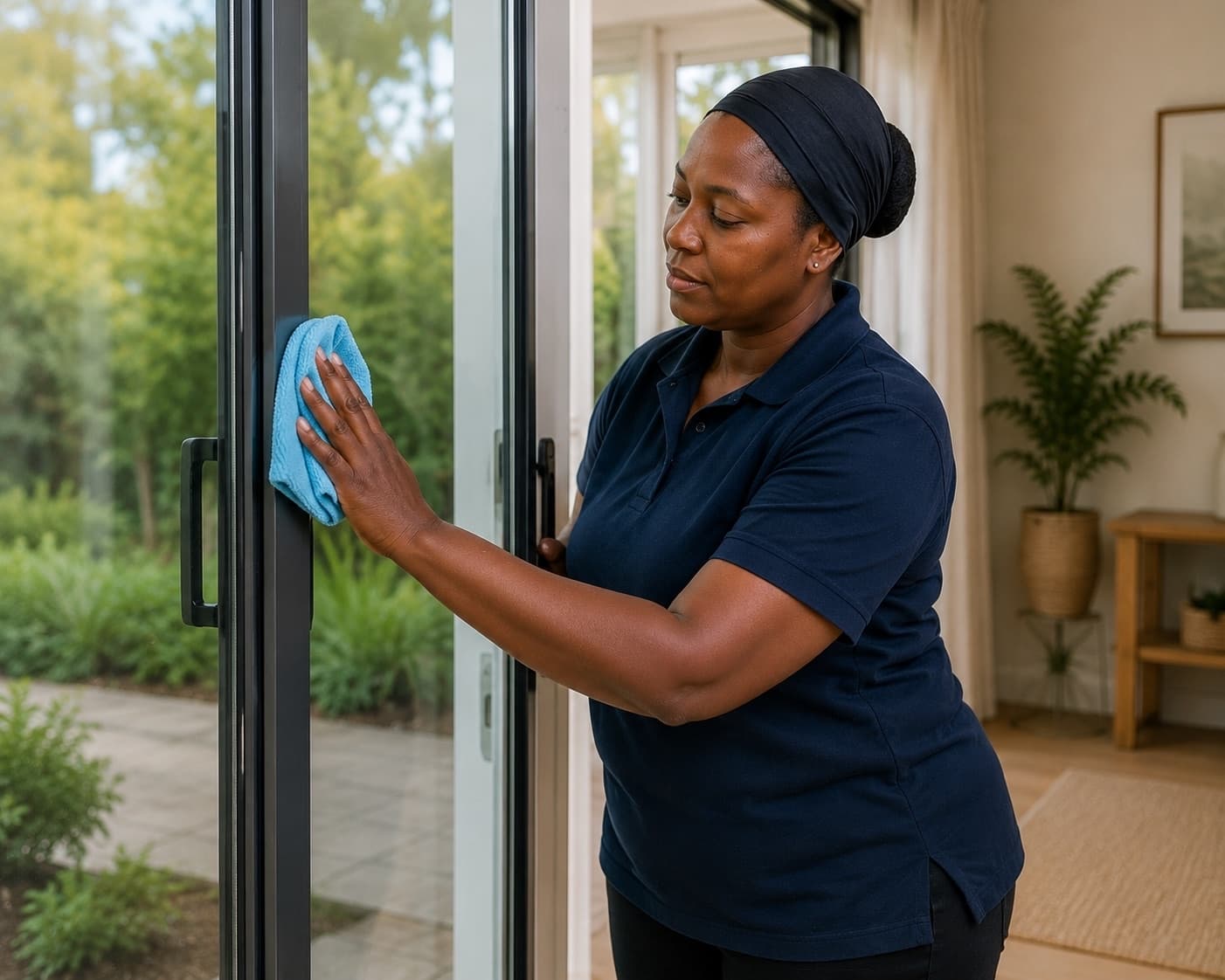 A SurfStride team member in branded uniform cleaning a Helderberg home