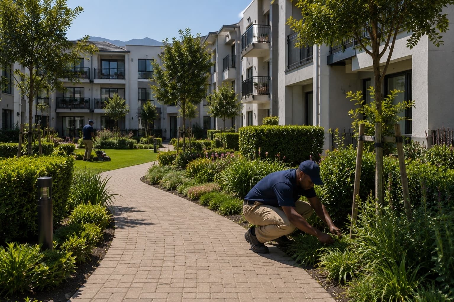 SurfStride teams maintaining the gardens of a Helderberg property, with the mountains behind