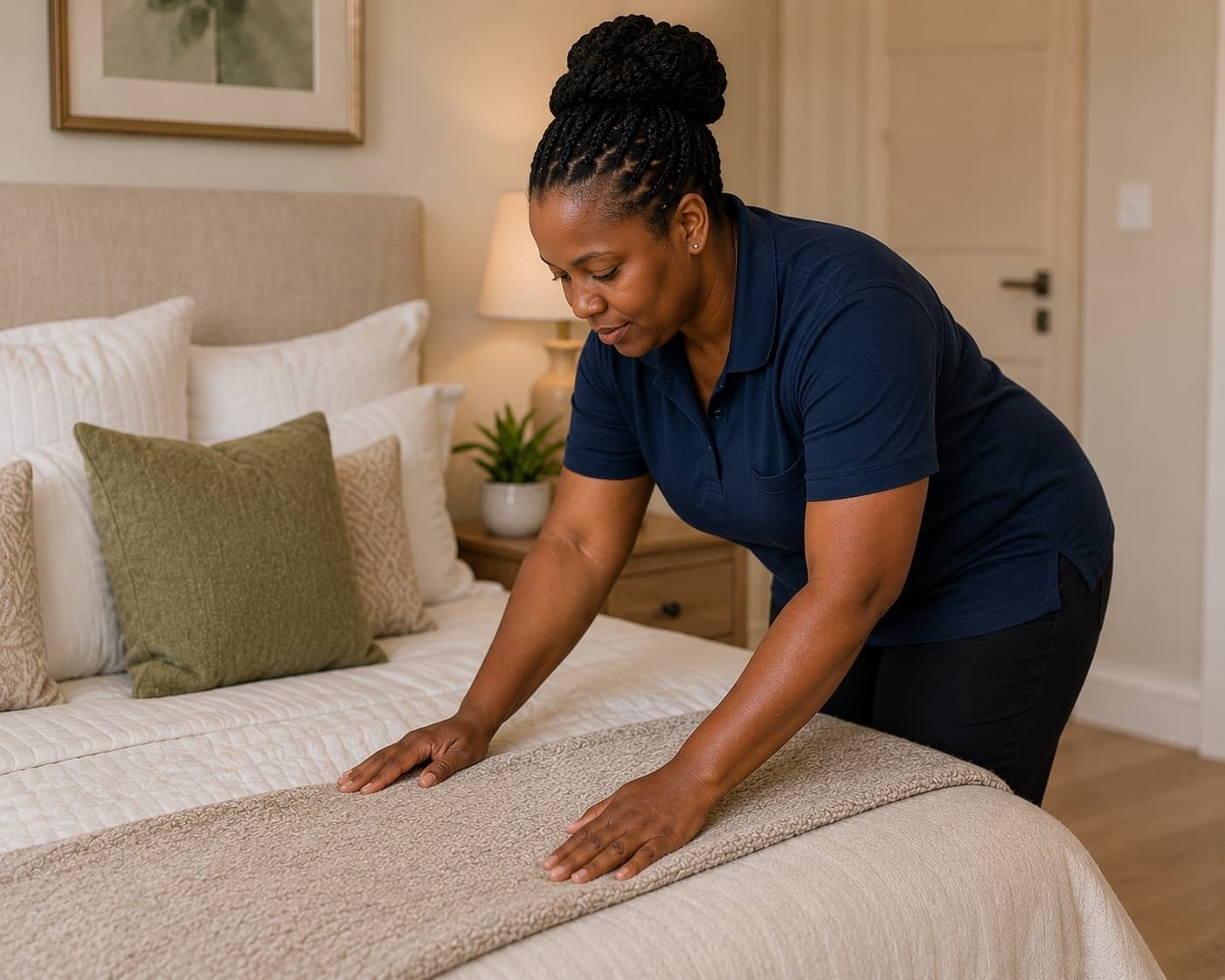 A SurfStride cleaner making a bed in a bright, tidy bedroom