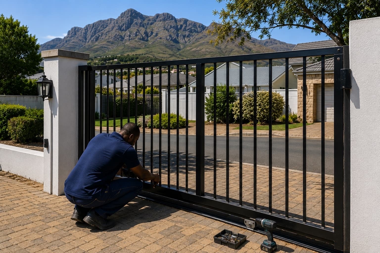 A repaired gate and fence on a Helderberg property